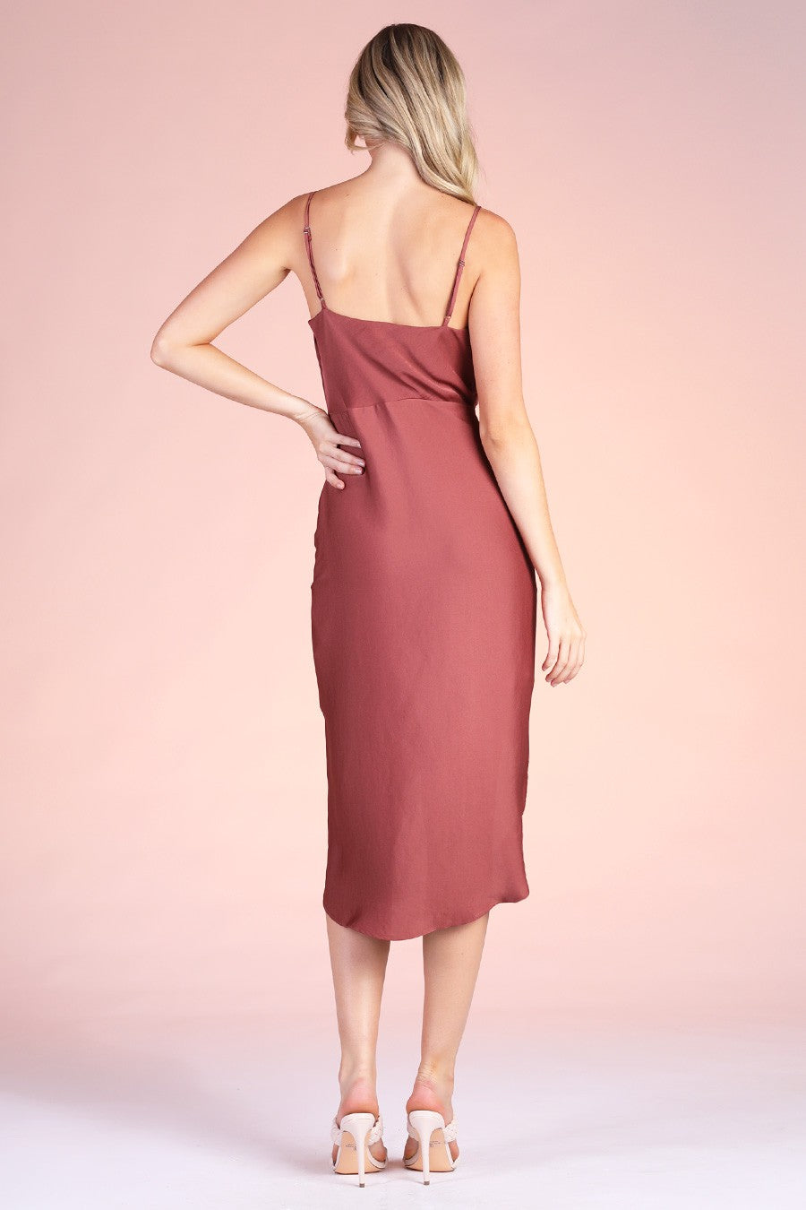 Washed Poly Silk Tie Front Cowl Cami Dress