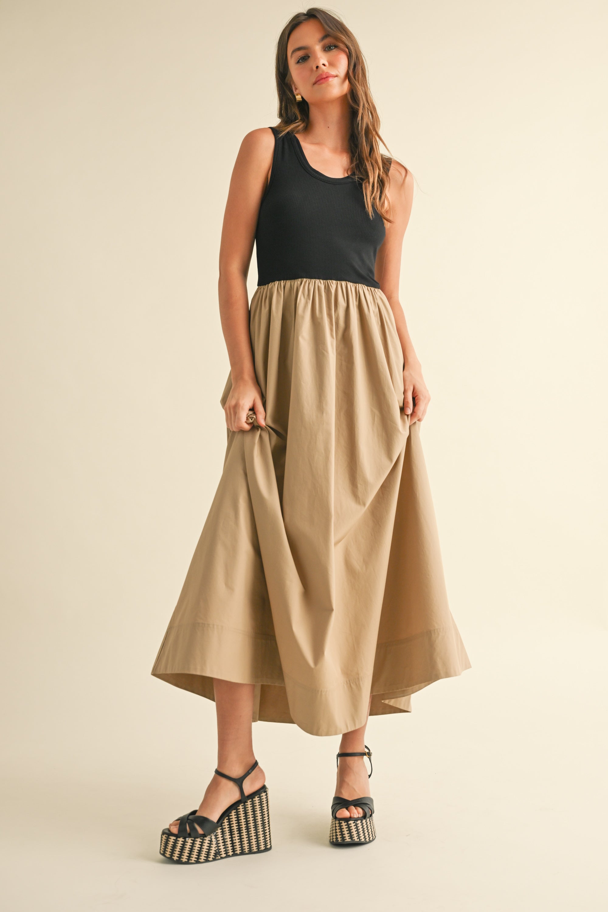 Ribbed Top Woven Skirt Combo Dress