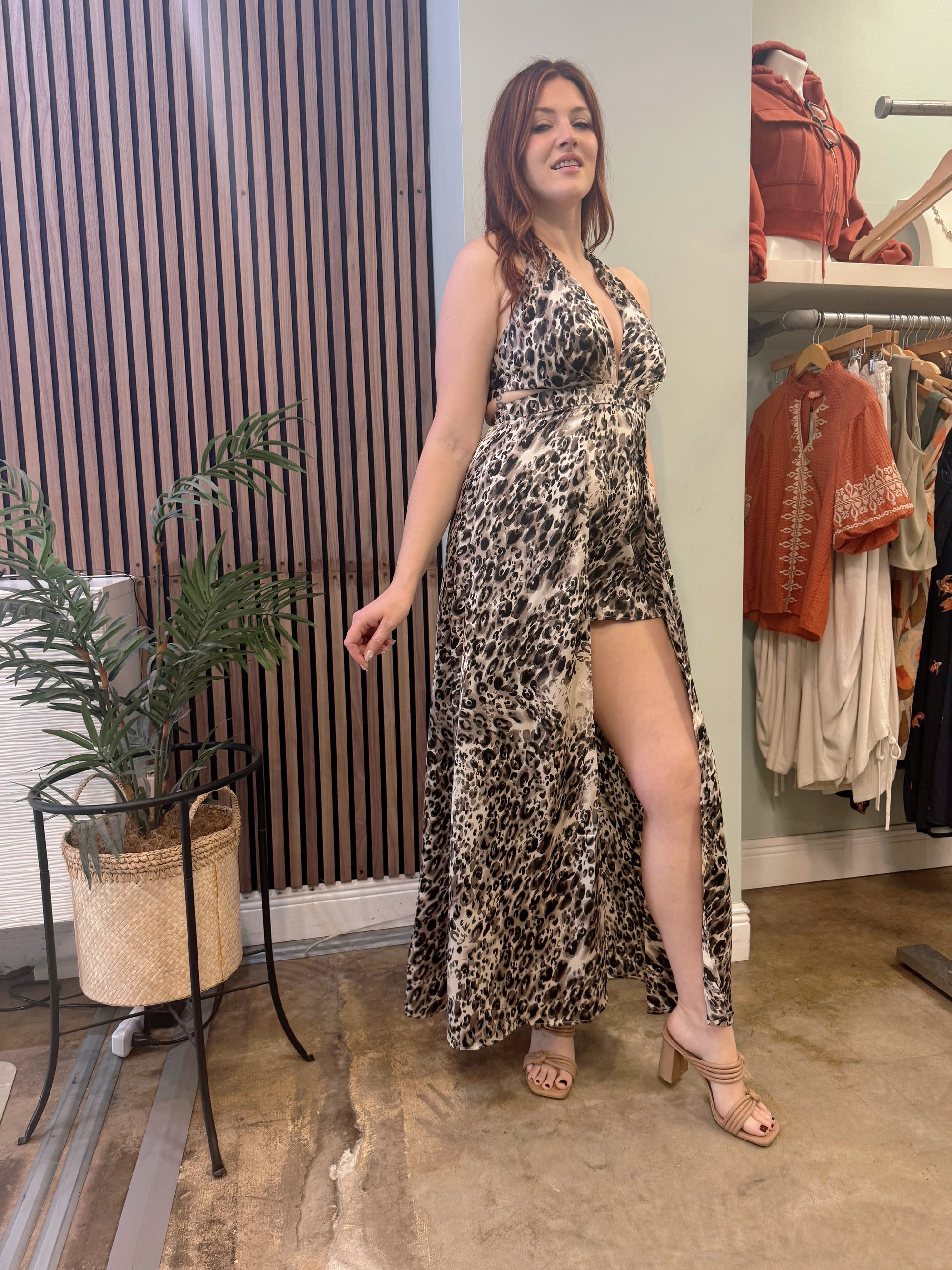 Halter Plunging Animal Print Romper