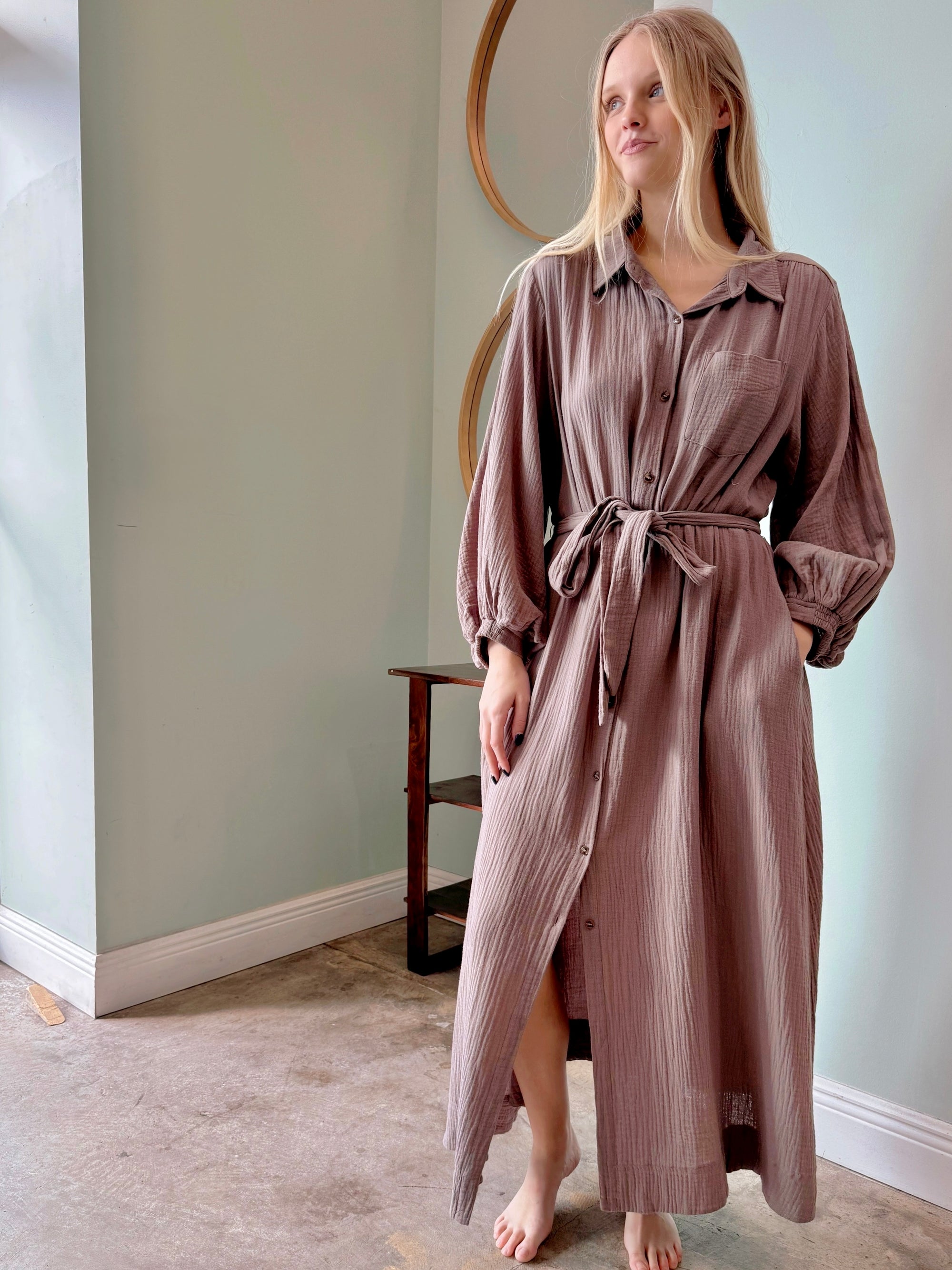 Bubble Sleeve Belted Shirt Midi Dress