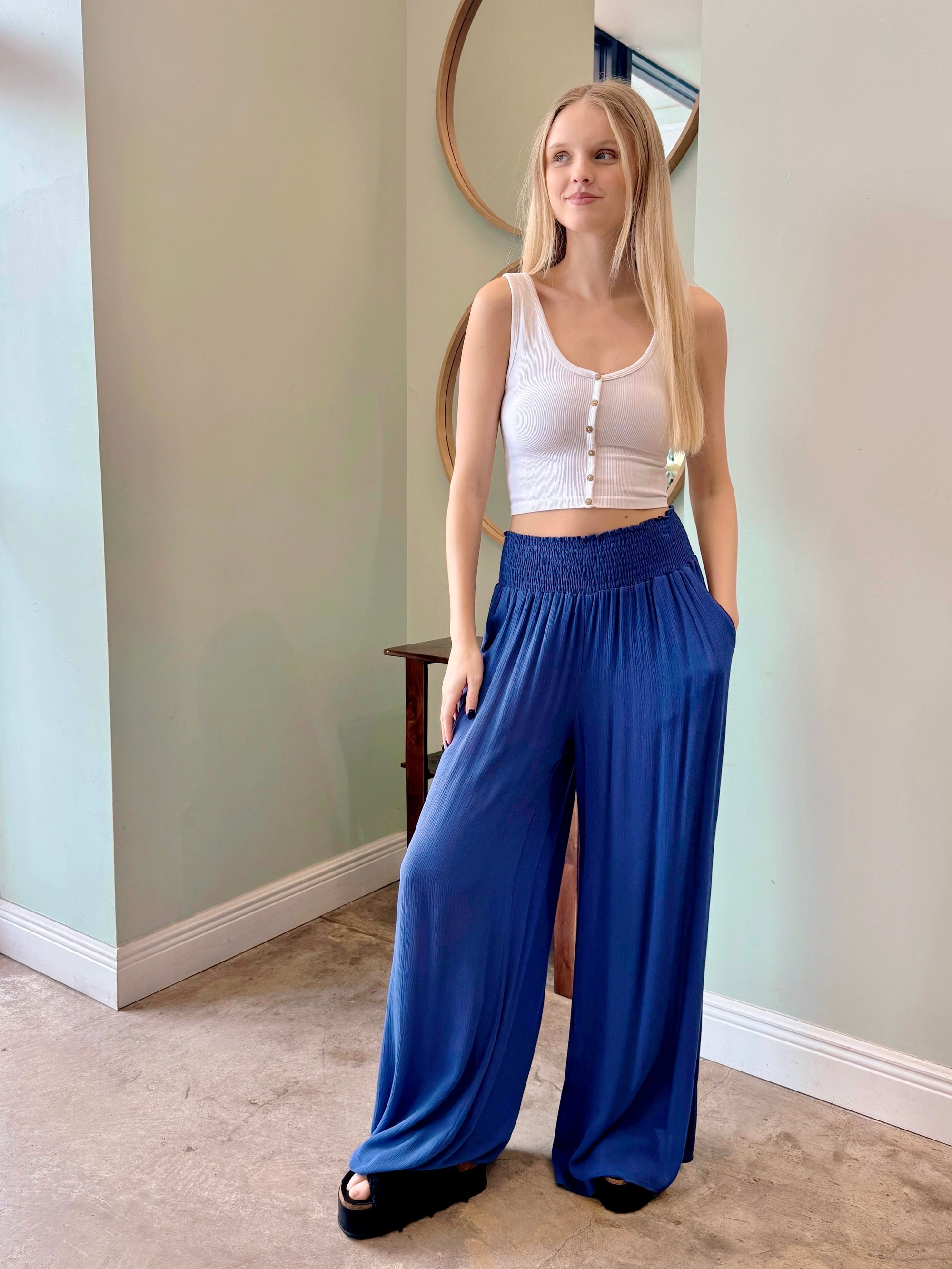 Wide Smock Waist Wide Leg Pants