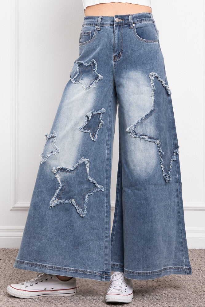 STAR PATCH WORK WIDE LEG DENIM STRETCHY PANTS