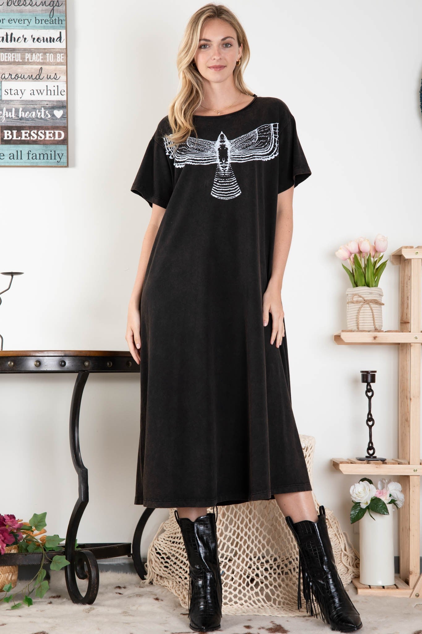 EAGLE PRINT SHORT SLEEVE MIDI DRESS