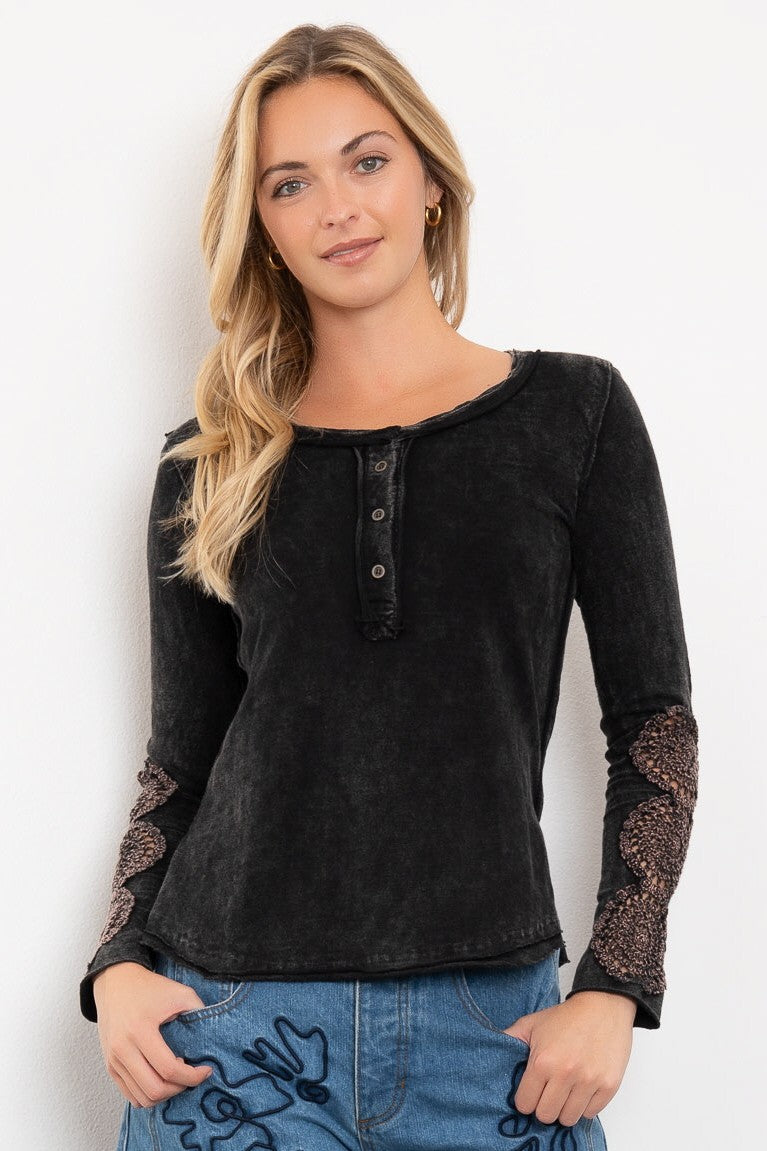 SLEEVE CROCHET LACE DETAIL CREW NECK JERSEY TOP