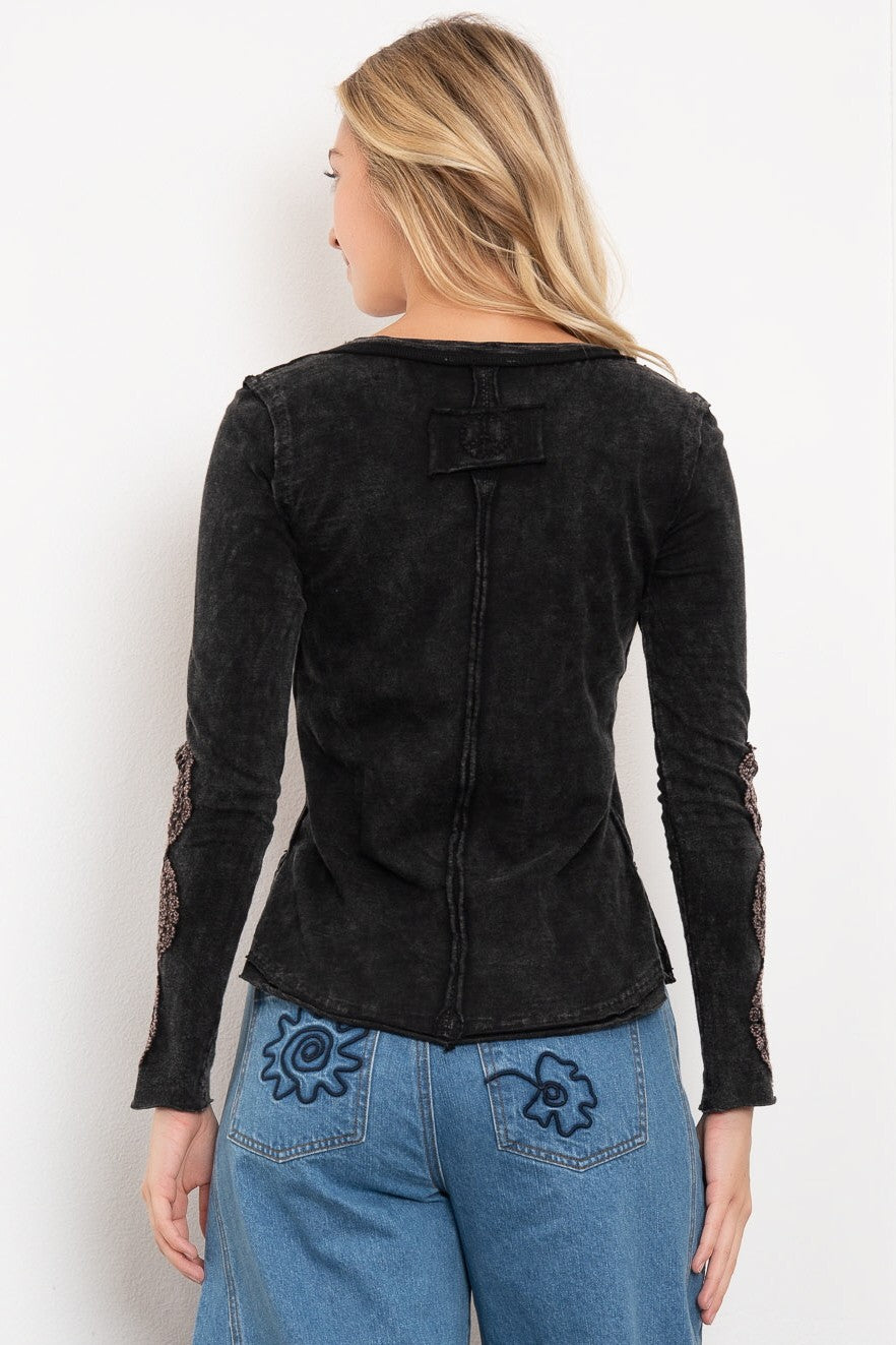 SLEEVE CROCHET LACE DETAIL CREW NECK JERSEY TOP