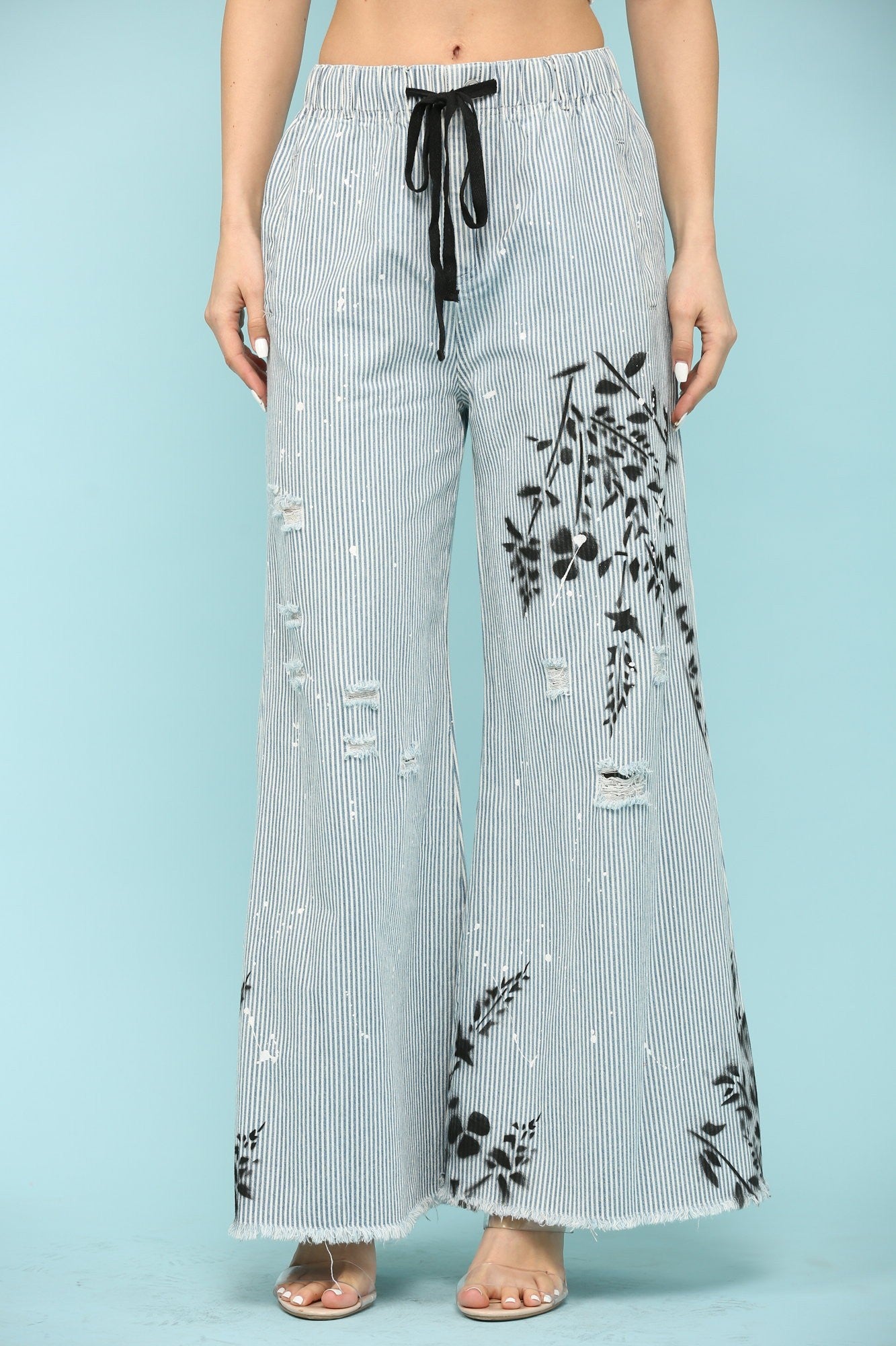 STRIPE DISTRESSED WAIST STRAP WIDE PANT