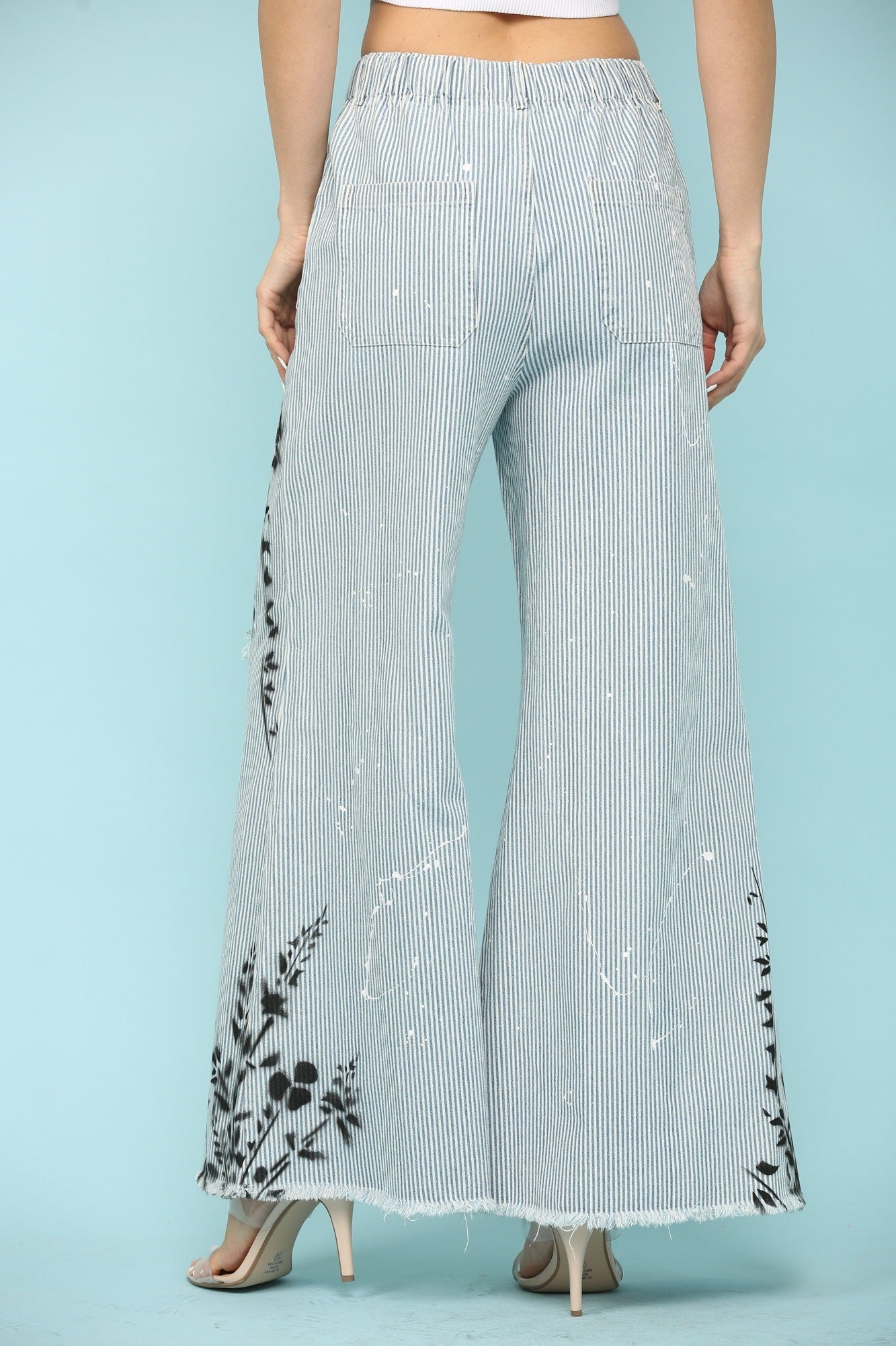 STRIPE DISTRESSED WAIST STRAP WIDE PANT