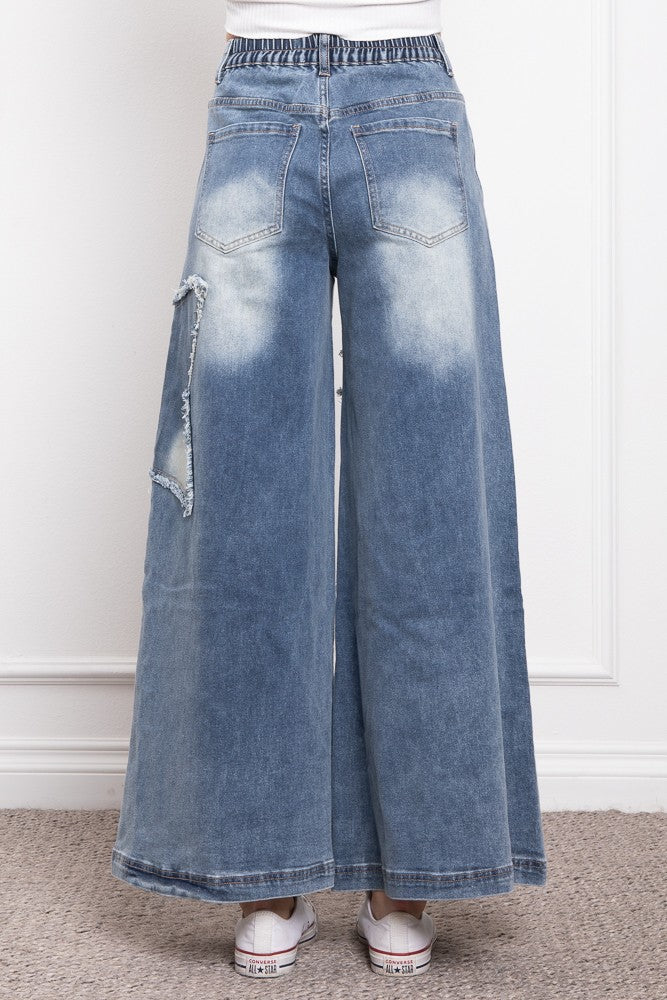 STAR PATCH WORK WIDE LEG DENIM STRETCHY PANTS