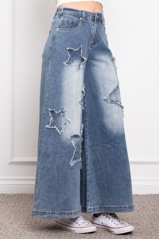 STAR PATCH WORK WIDE LEG DENIM STRETCHY PANTS