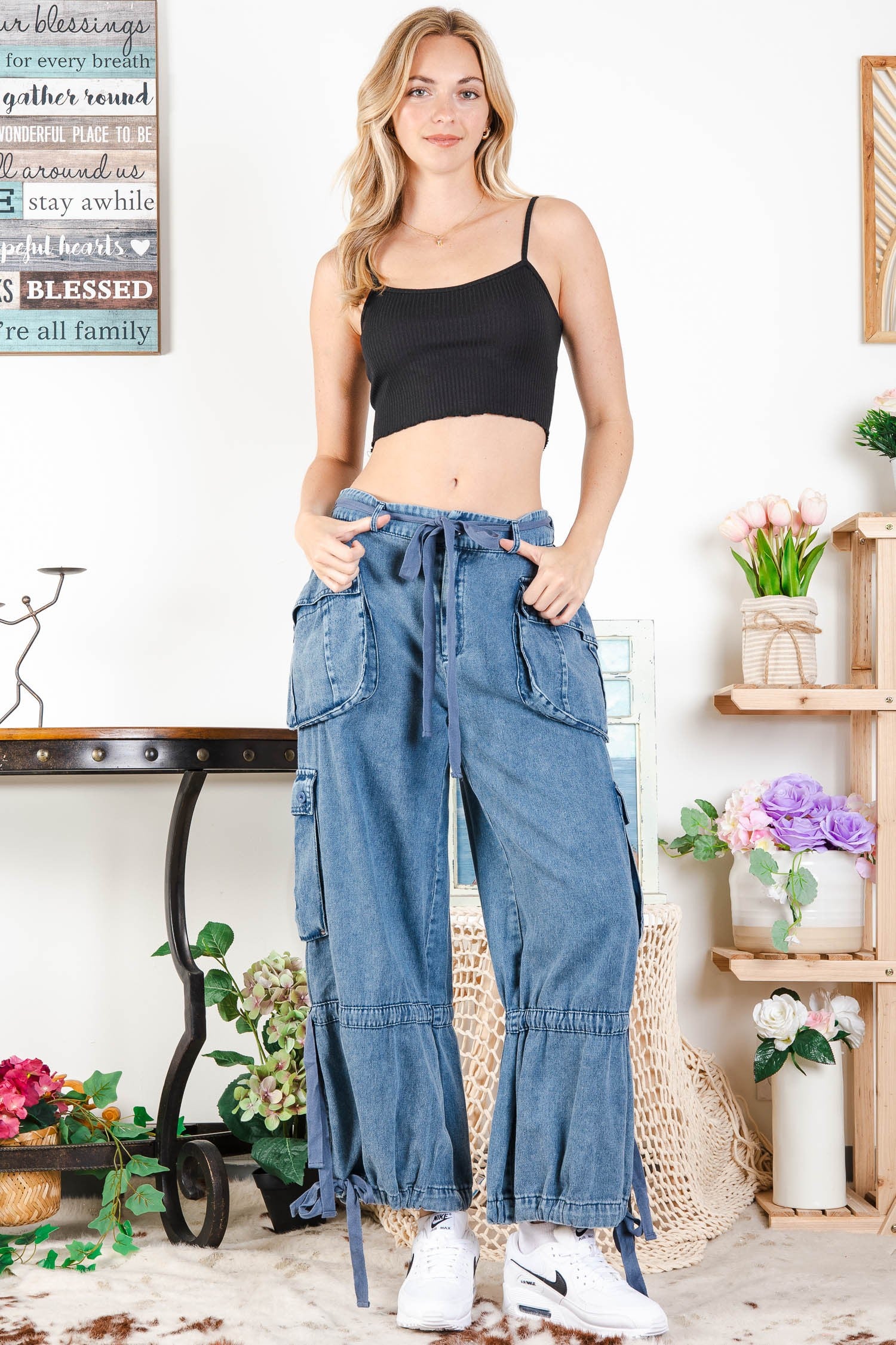 Blue Velvet Cargo Pocket Bow Belt Pants