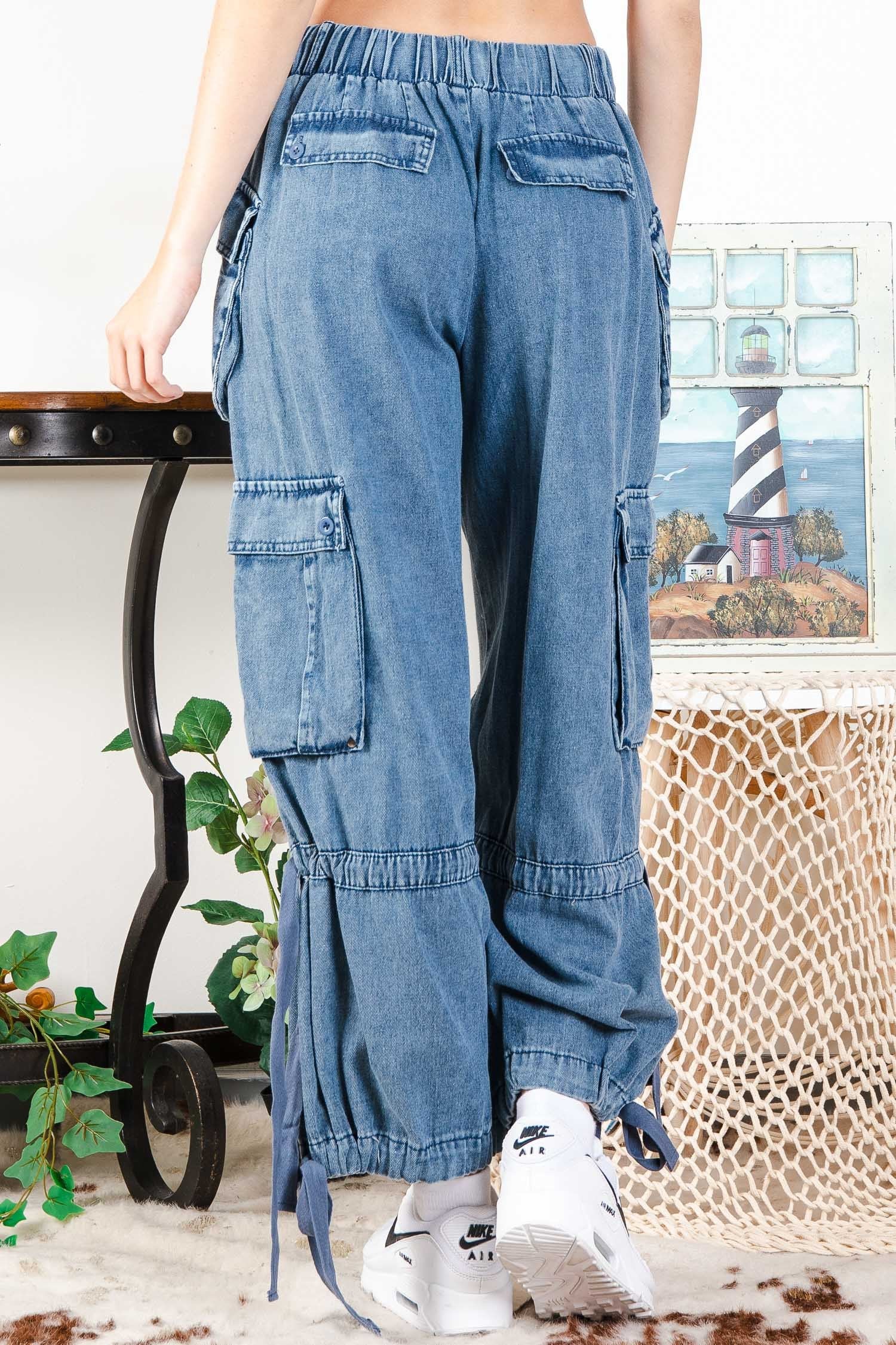 Blue Velvet Cargo Pocket Bow Belt Pants