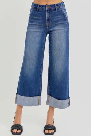 High Rise Ankle Wide Cuffed Jeans