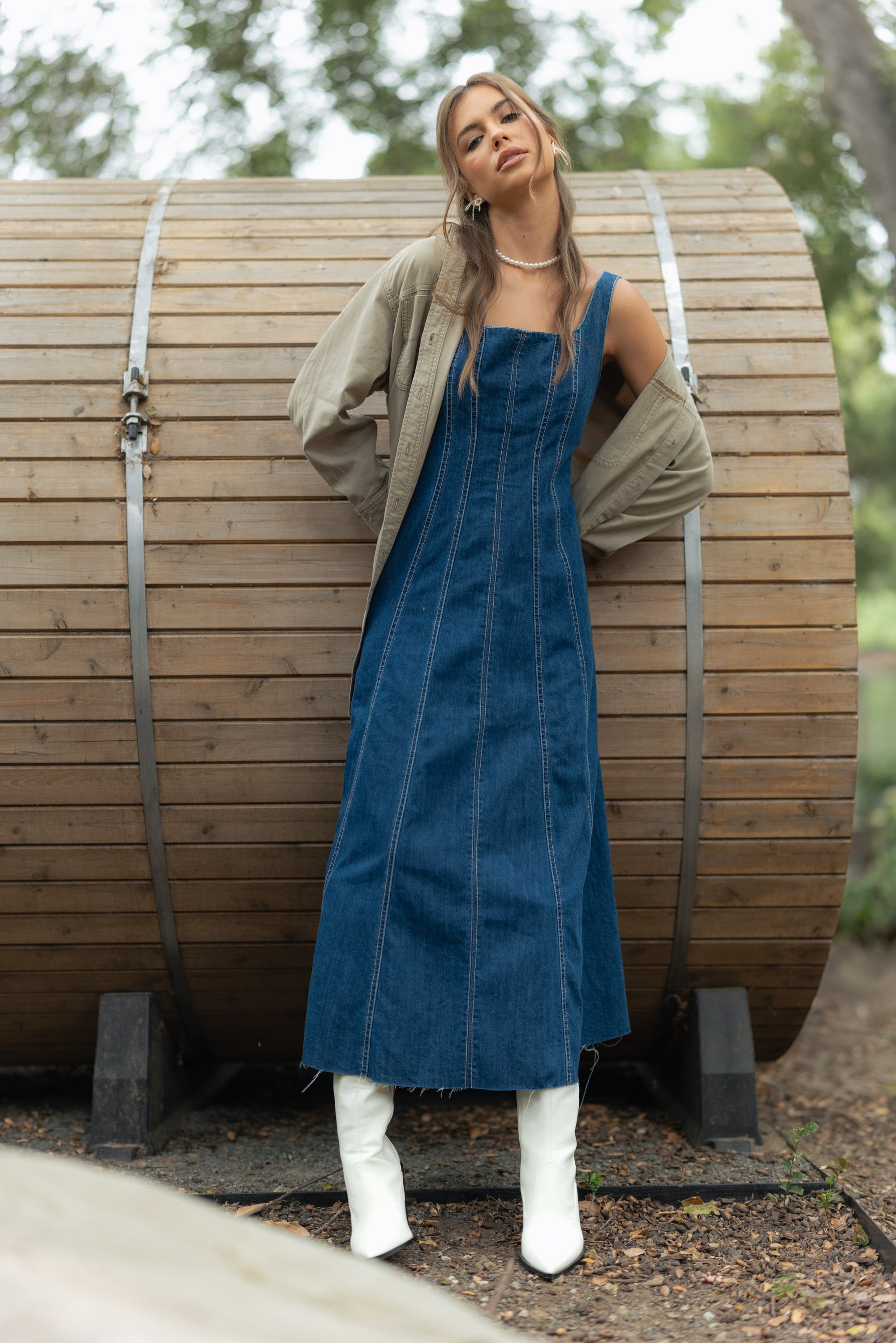 Paneled Denim Long Dress