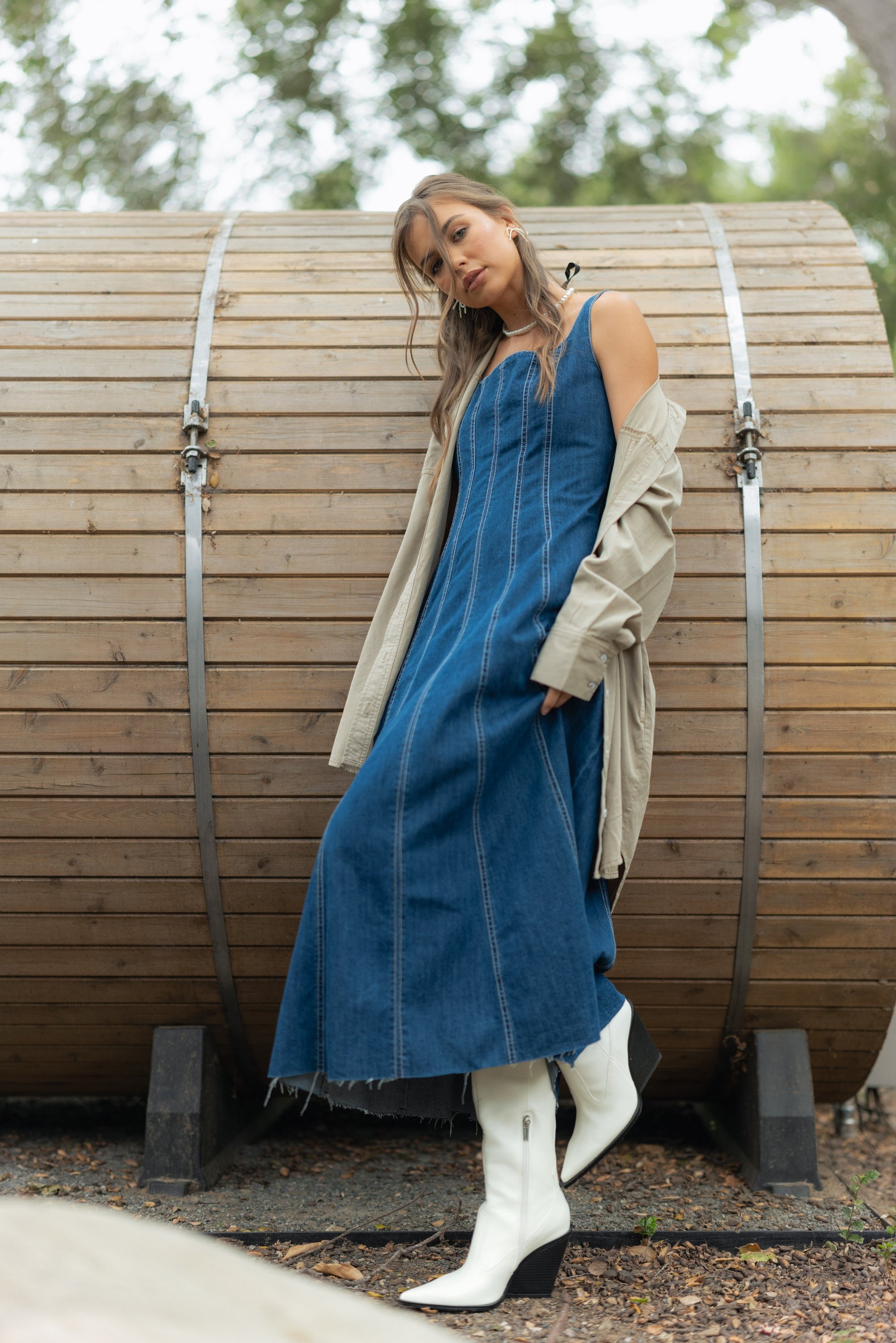 Paneled Denim Long Dress