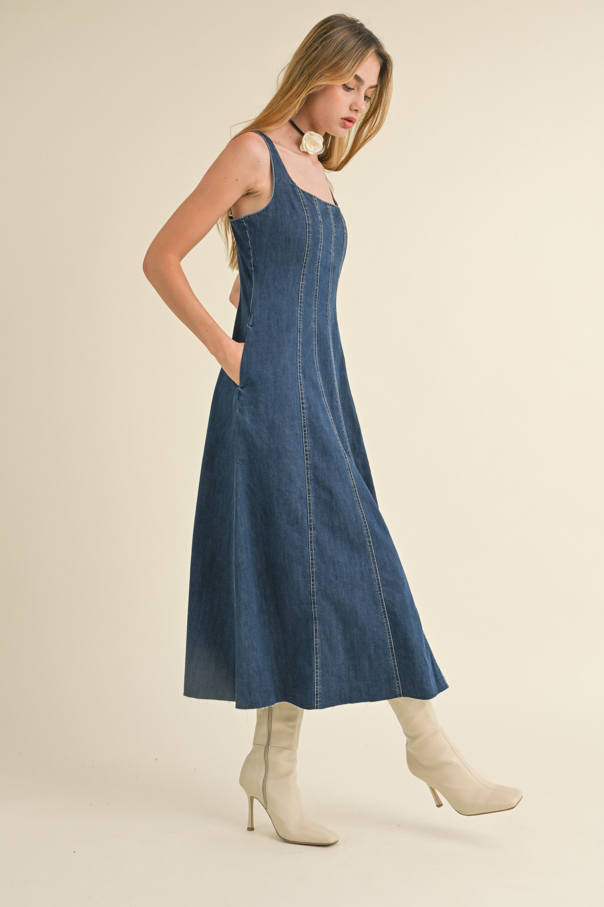 Paneled Denim Long Dress