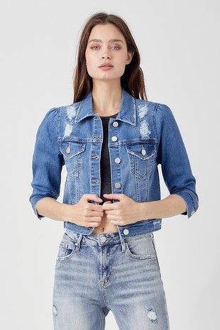 Shirring Sleeve Crop Denim Jacket